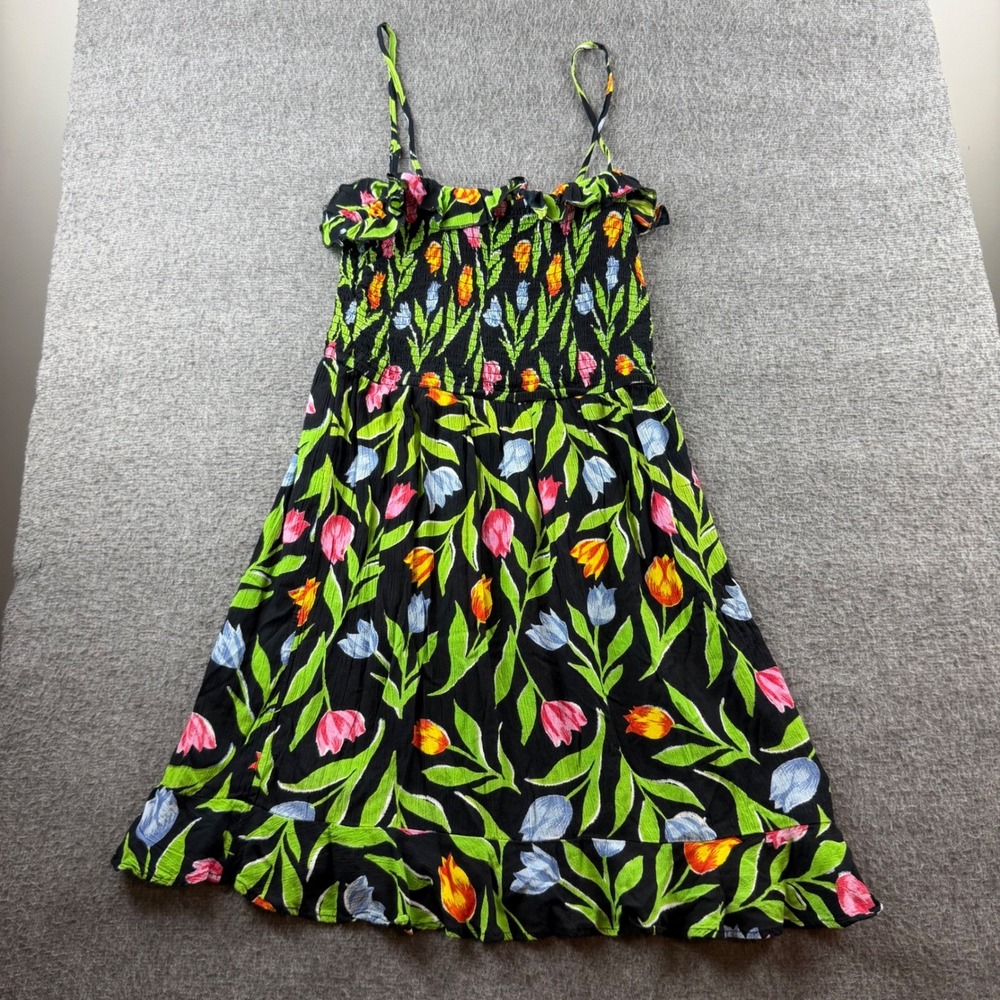 Urban Outfitters Floral Smocked Mini Dress Women's‎ Small Black Tulip Ruffle